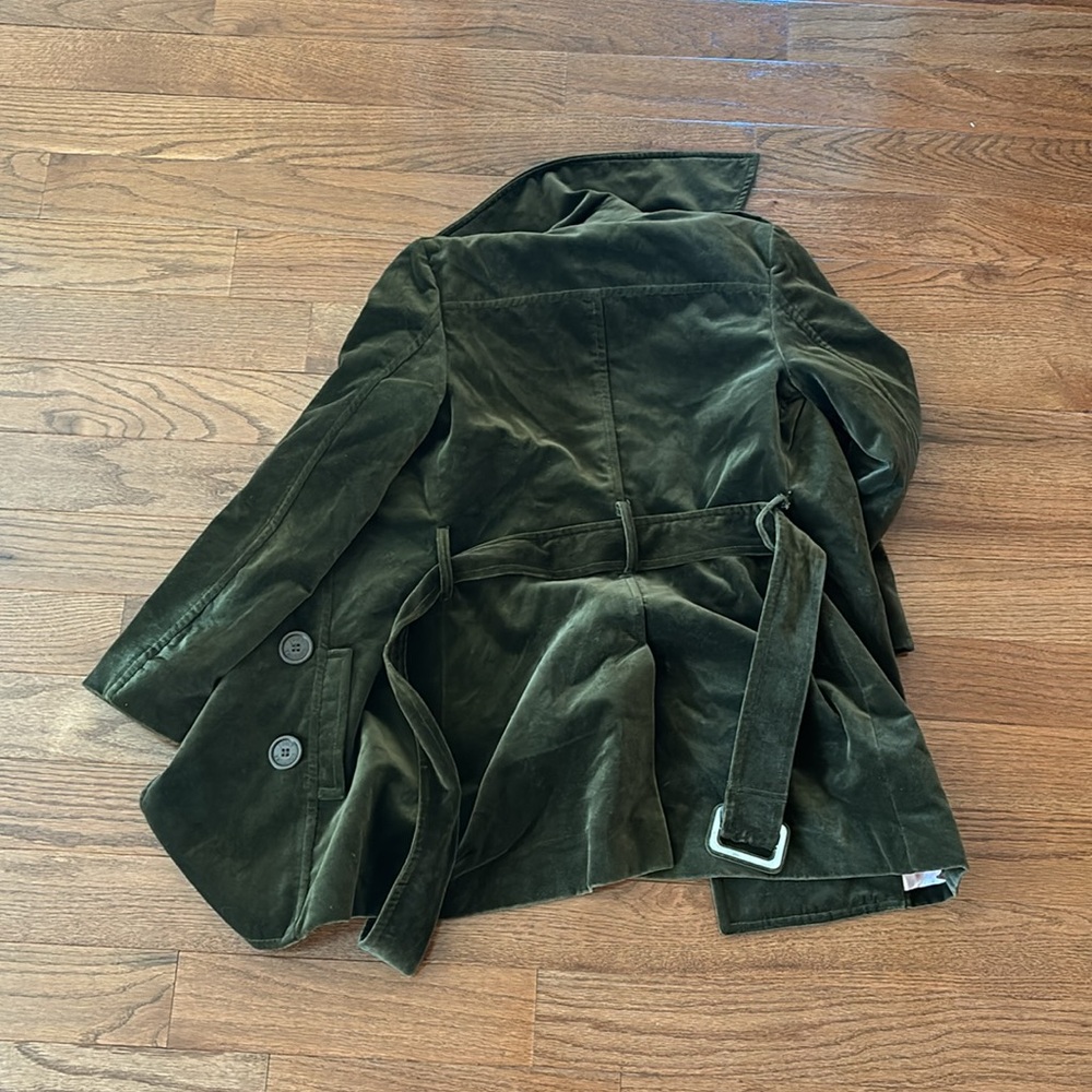 Beautiful Y2K Jewel Tone Green Soft Velvet Women's Tie Trench Belted Coat XS P - Picture 6 of 6